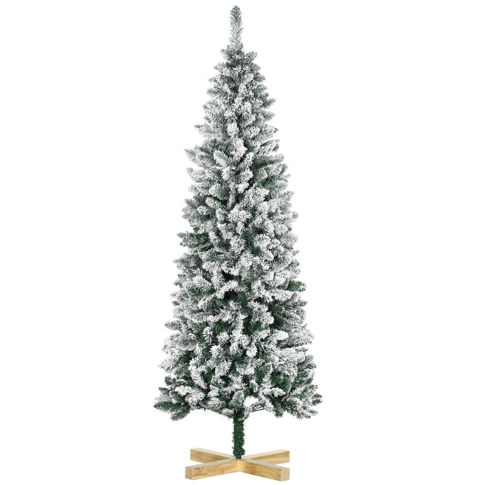 6FT Snow Flocked Artificial Christmas Pencil Tree with Realistic Branches, Auto Open, Pinewood Base - Green