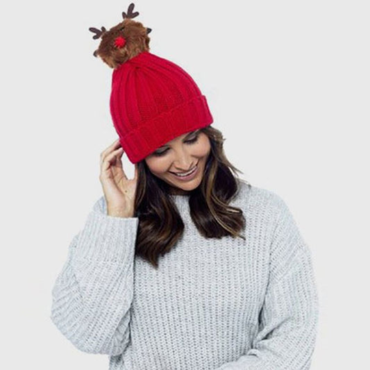 Ladies Rudolph Pom Pom Hat