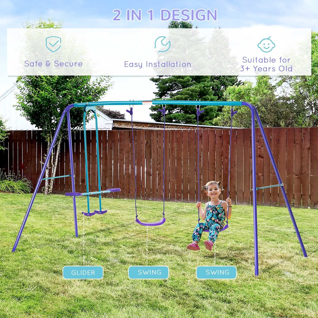 Height Adjustable Metal Swing Set with Glider, Two Swing Seats and Adjustable Height