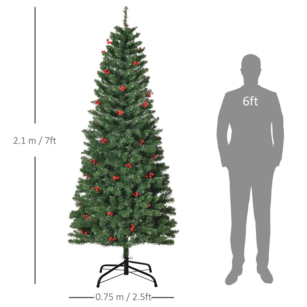 7FT Prelit Artificial Pencil Christmas Tree with Warm White LED Lights and Red Berries