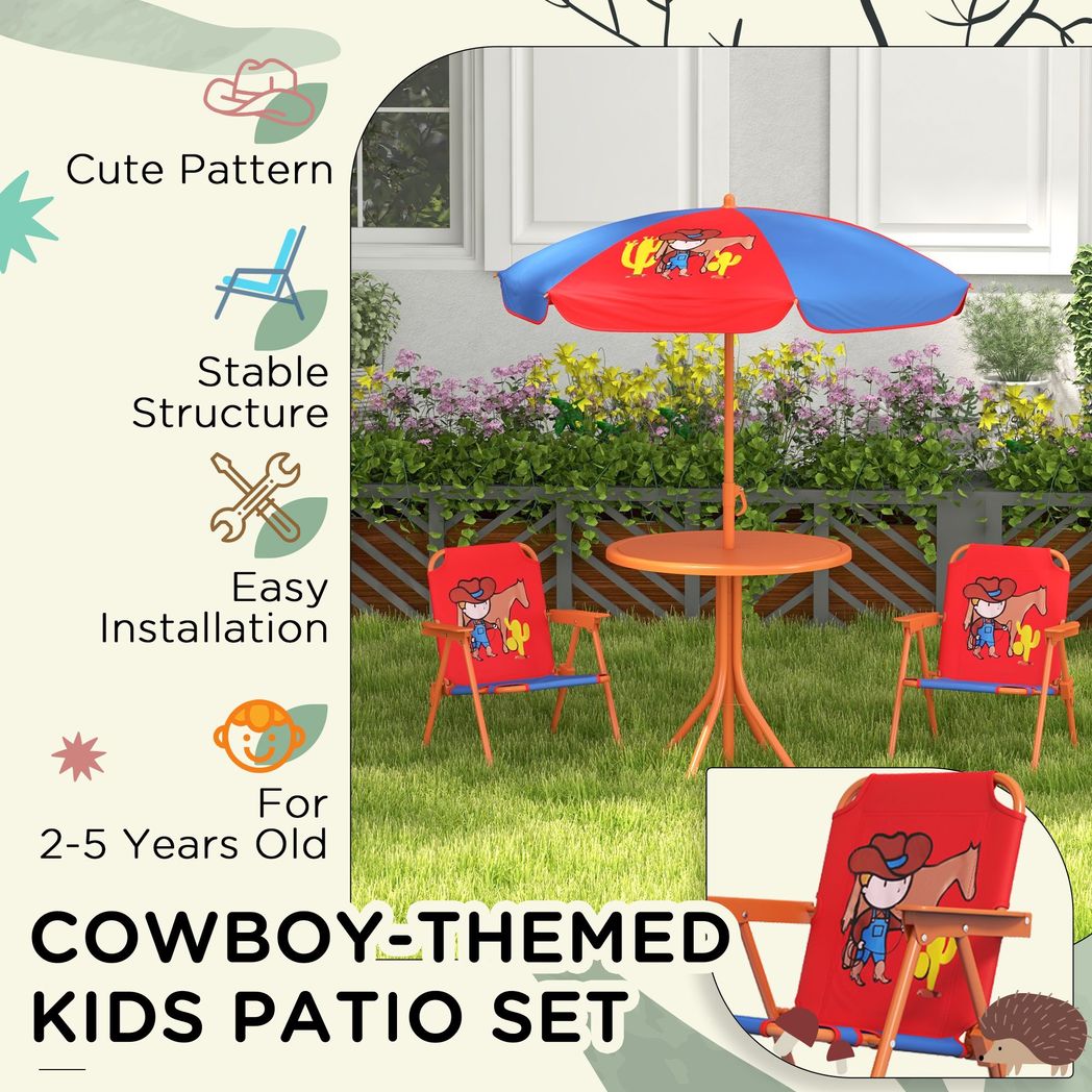 Kids Picnic Table and Chair Set, Cowboy Themed Outdoor Garden Furniture w/ Foldable Chairs, Adjustable Parasol