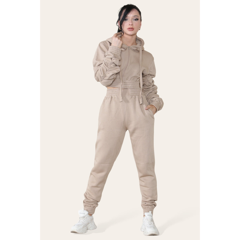 Ruched Sleeves Cropped Hoodie and Cropped Jogger Cuffed Bottom Loungewear Tracksuit Set