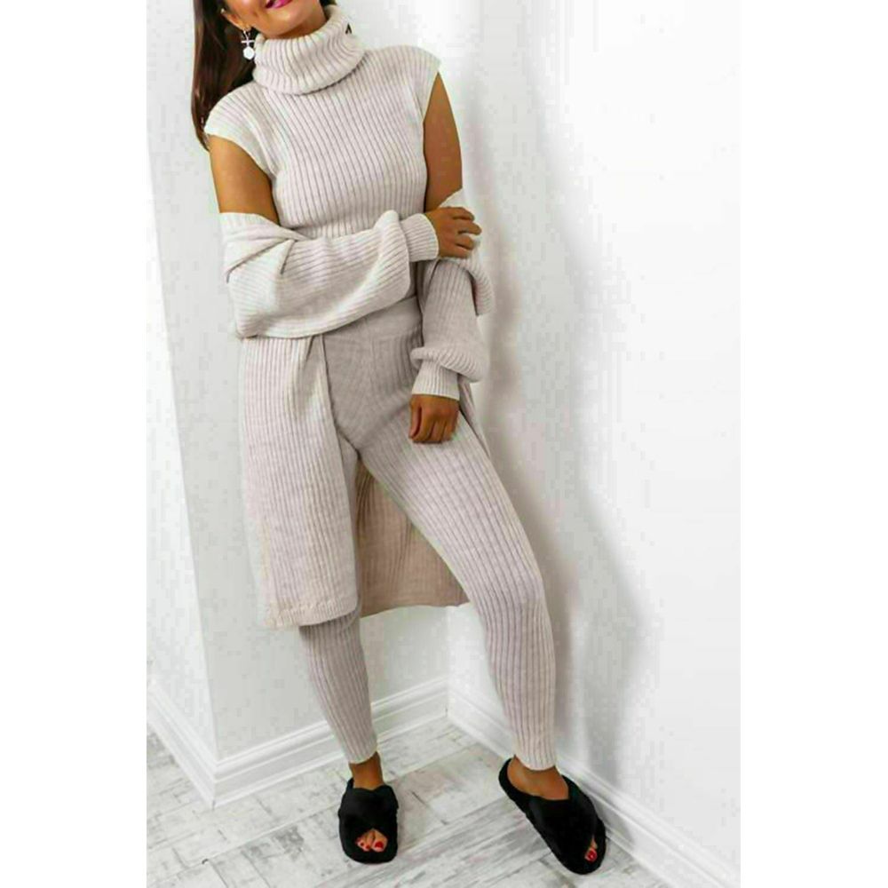 Ladies 3 Piece Suit Roll Neck Chunky Knitted Ribbed Tracksuit Lounge Set (One Size 8-14)