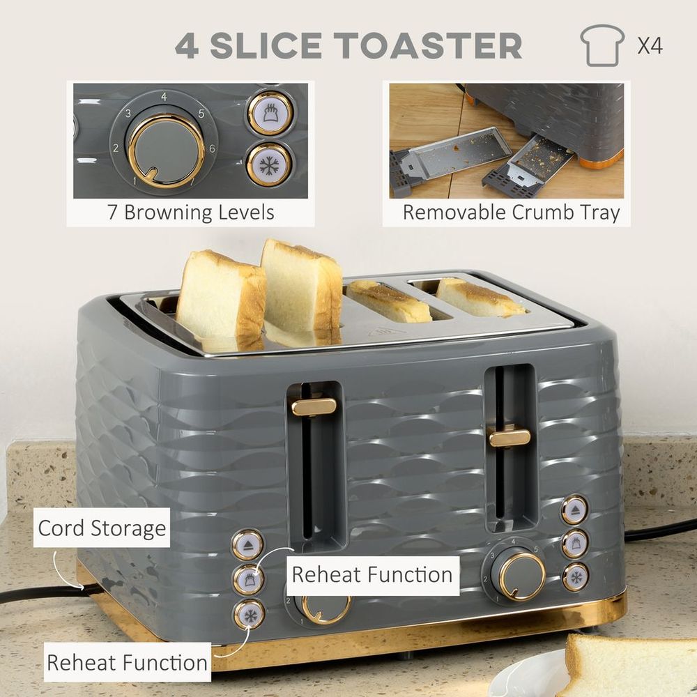 Kettle and Toaster Set 1.7L Rapid Boil Kettle & 4 Slice Toaster - Grey