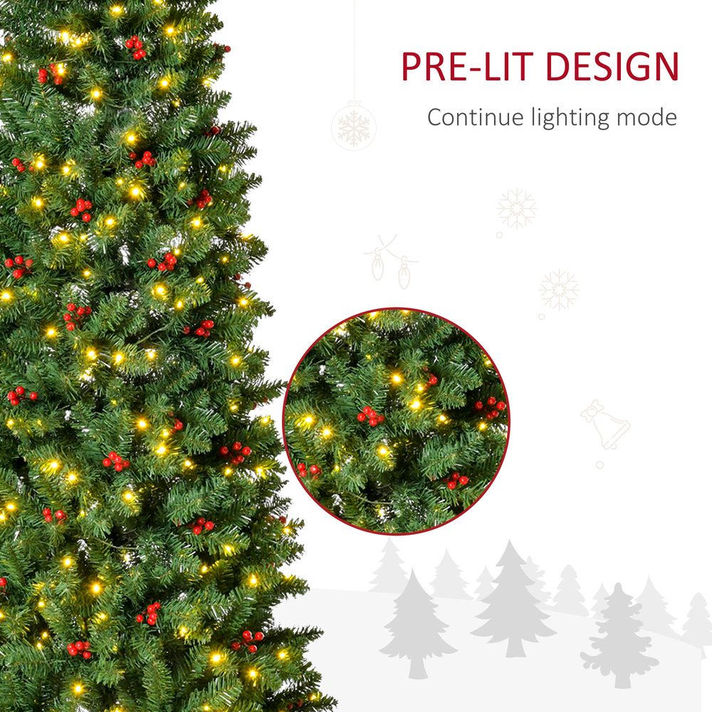 7FT Prelit Artificial Pencil Christmas Tree with Warm White LED Lights and Red Berries