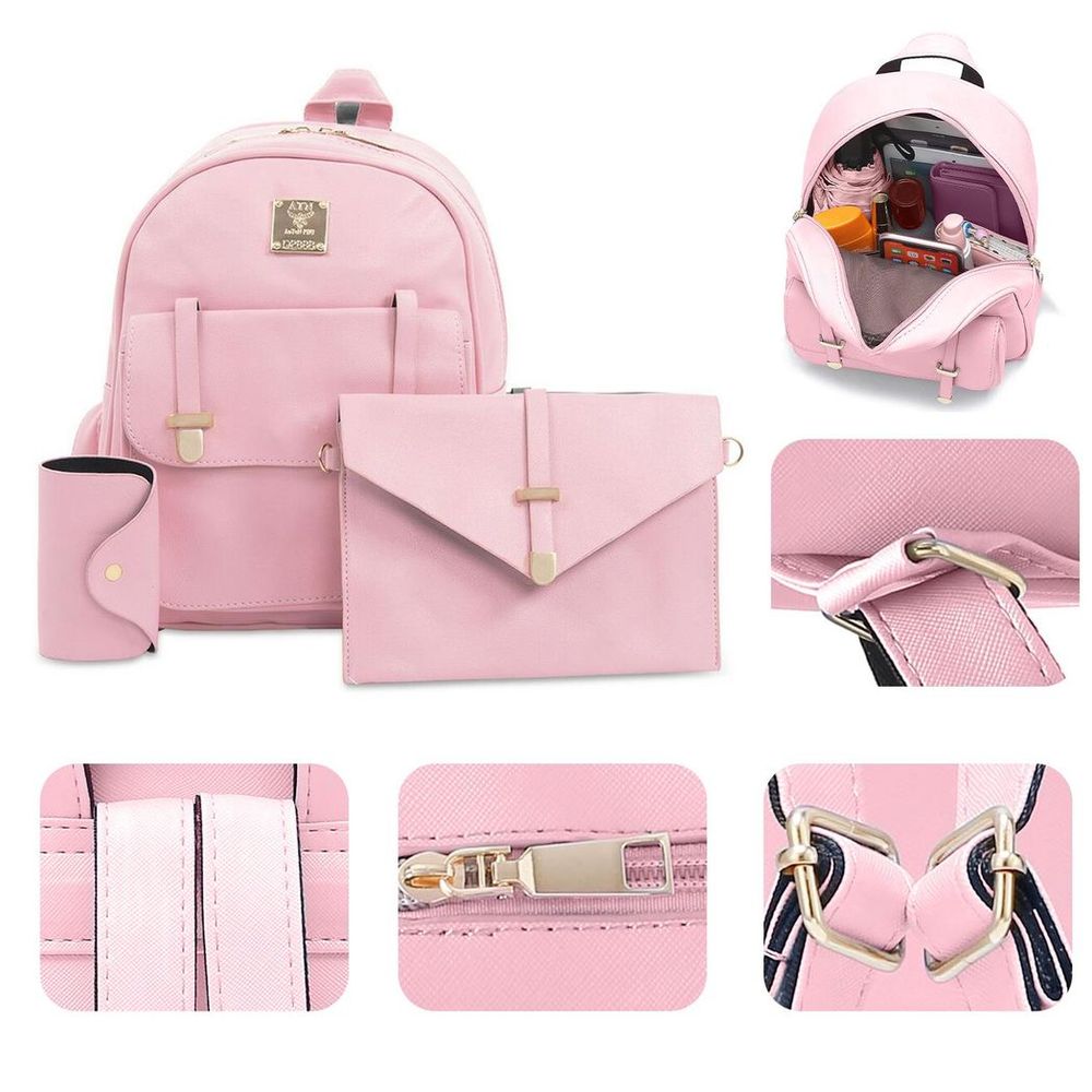 Women PU Leather 3pcs Set - Shoulder Bag, Clutch & Card Holder Pink