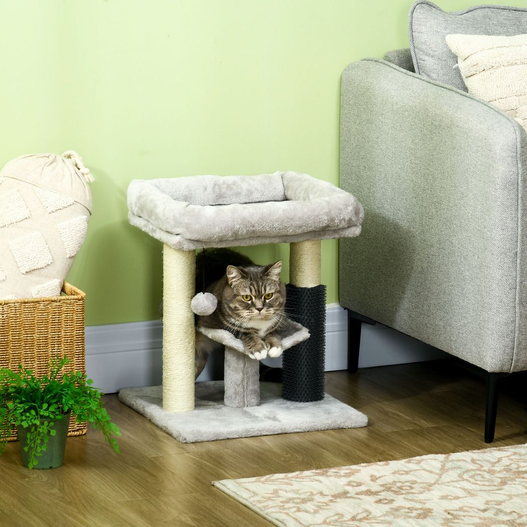 48cm Cat Tree with Scratching Posts, Bed, Perch, Self Groomer, Toy - Grey