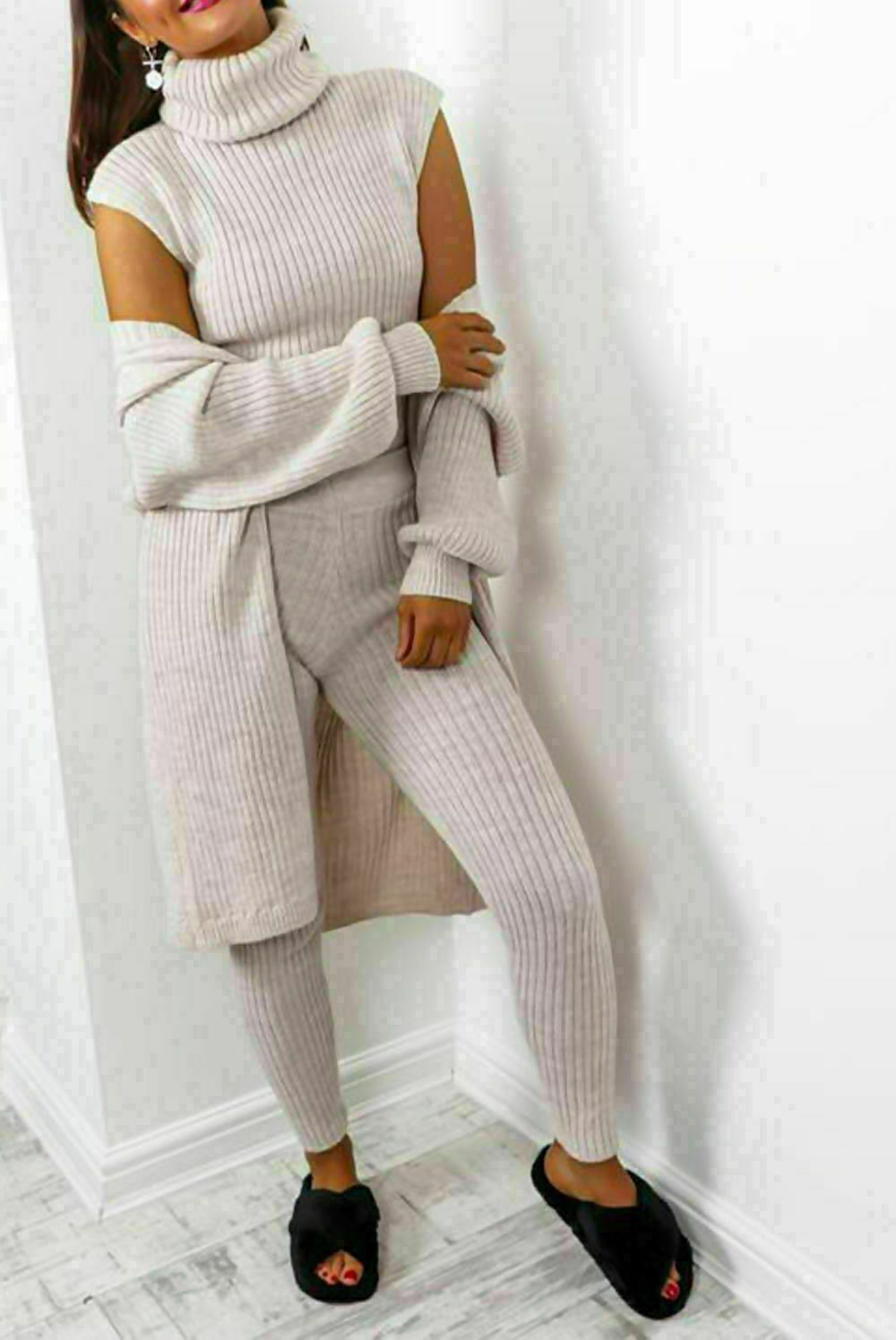 Ladies 3 Piece Suit Roll Neck Chunky Knitted Ribbed Tracksuit Lounge Set (One Size 8-14)