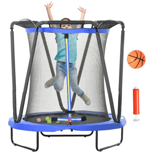 4.6FT Kids Trampoline with Enclosure, Basketball, Sea Balls - Blue