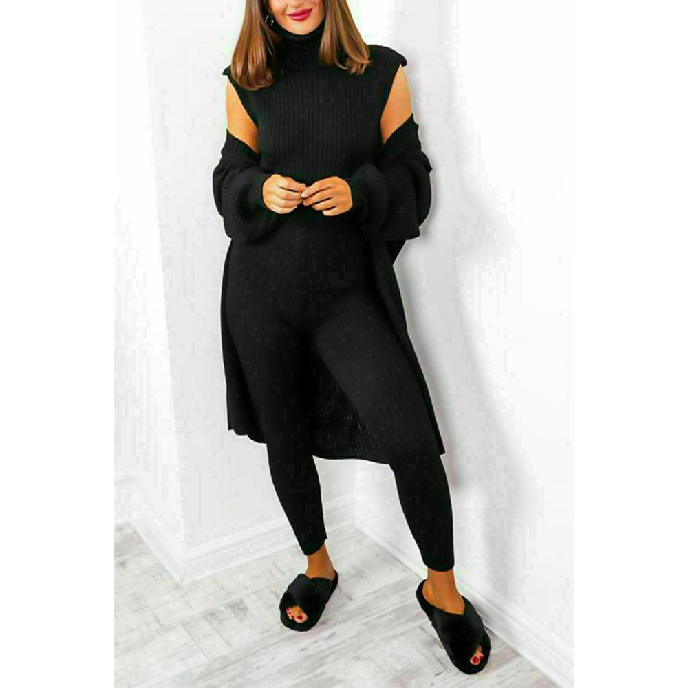 Ladies 3 Piece Suit Roll Neck Chunky Knitted Ribbed Tracksuit Lounge Set (One Size 8-14)