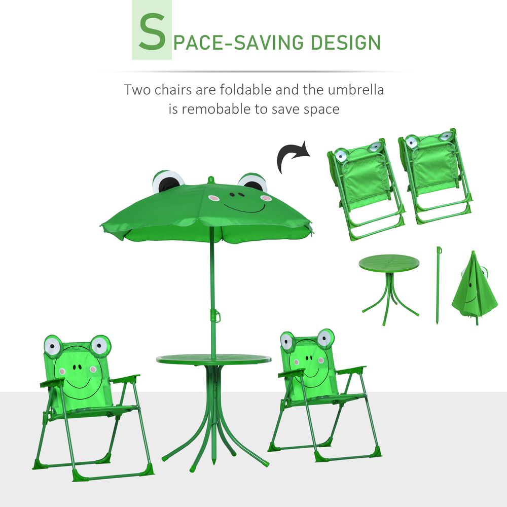 Foldable Patio Kids Metal Picnic Table with Frog Umbrella in Green - 4 Piece Set