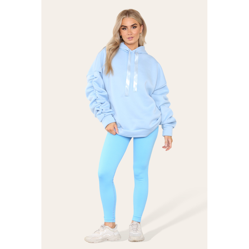 Oversized Ruched Sleeves Hoodie With Satin Ribbon