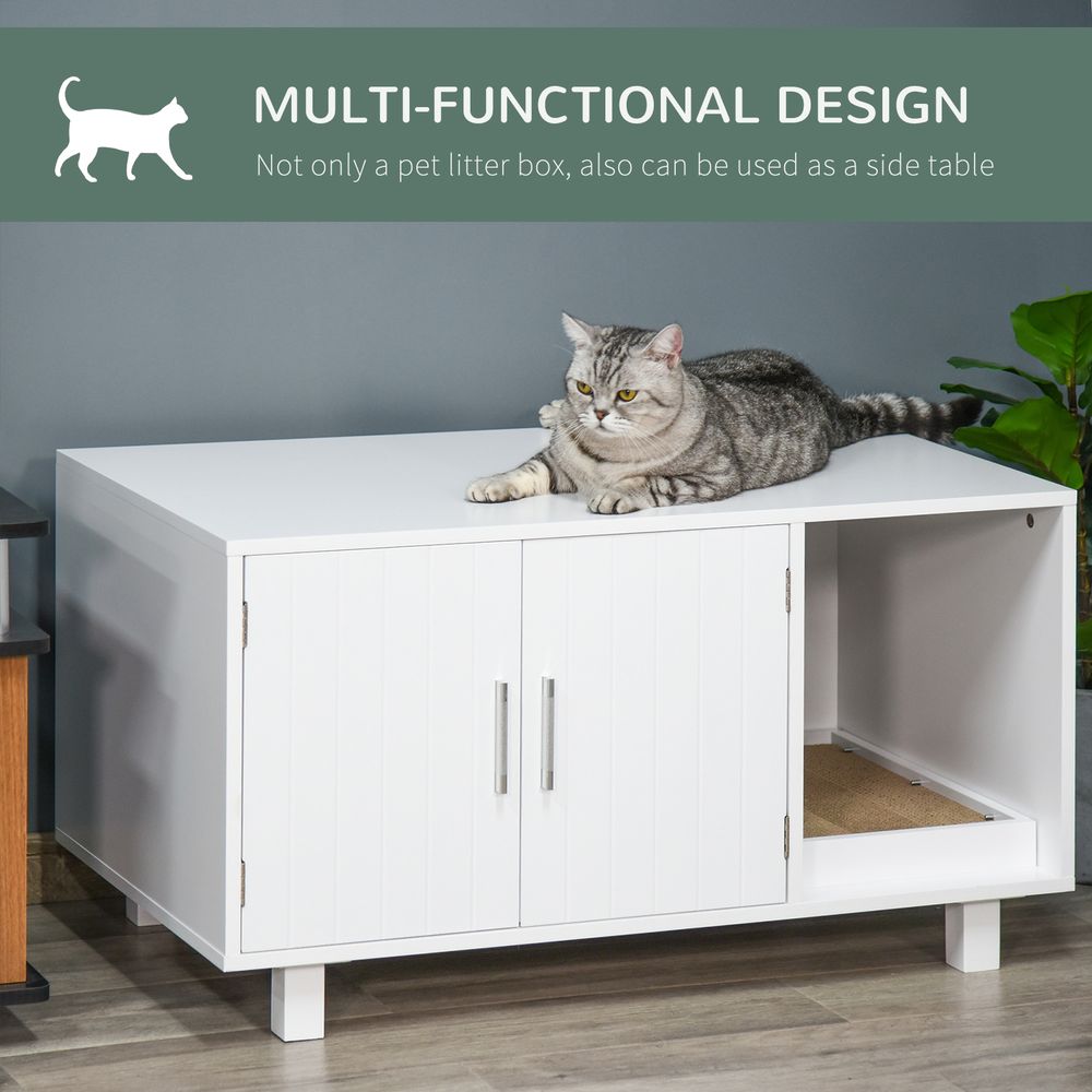 Wooden Cat Litter Box Enclosure & House with Nightstand/End Table Design, Scratcher, & Magnetic Doors, White