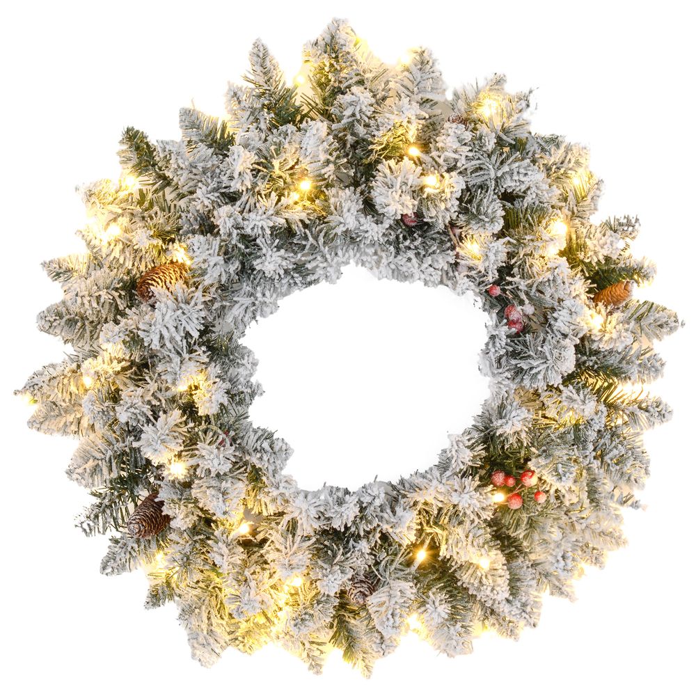 60cm Flocked Christmas Wreath with Lights Pine Cones Red Berries Green