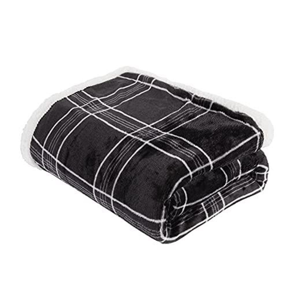 CHECK PRINTED FLANNEL FLEECE WITH SHERPA REVERSE THROW GREY 150cm x 200cm