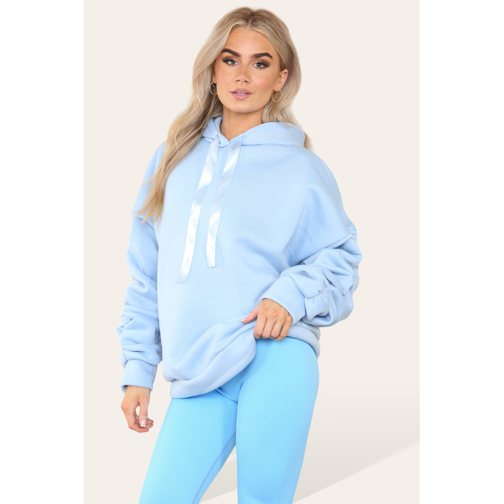 Oversized Ruched Sleeves Hoodie With Satin Ribbon