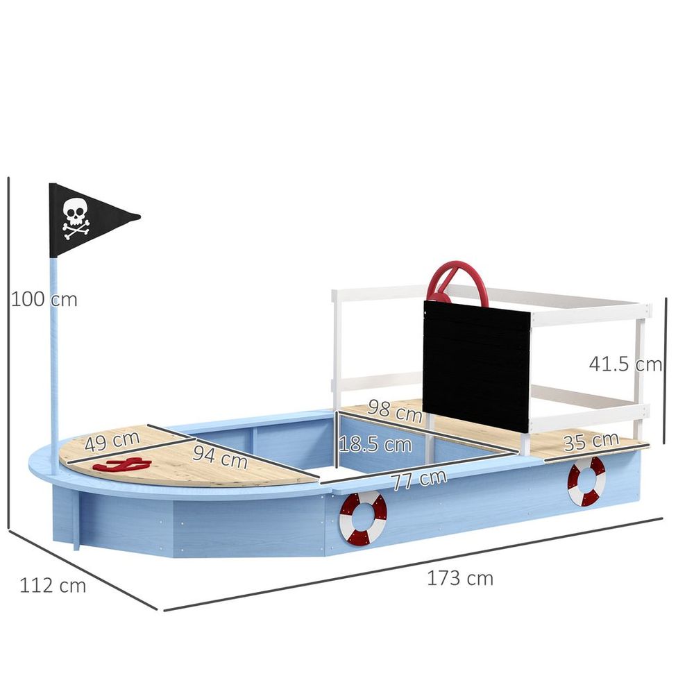 Sand Pit with Blackboard, Flag, Storage Deck for Outdoor Play - Blue