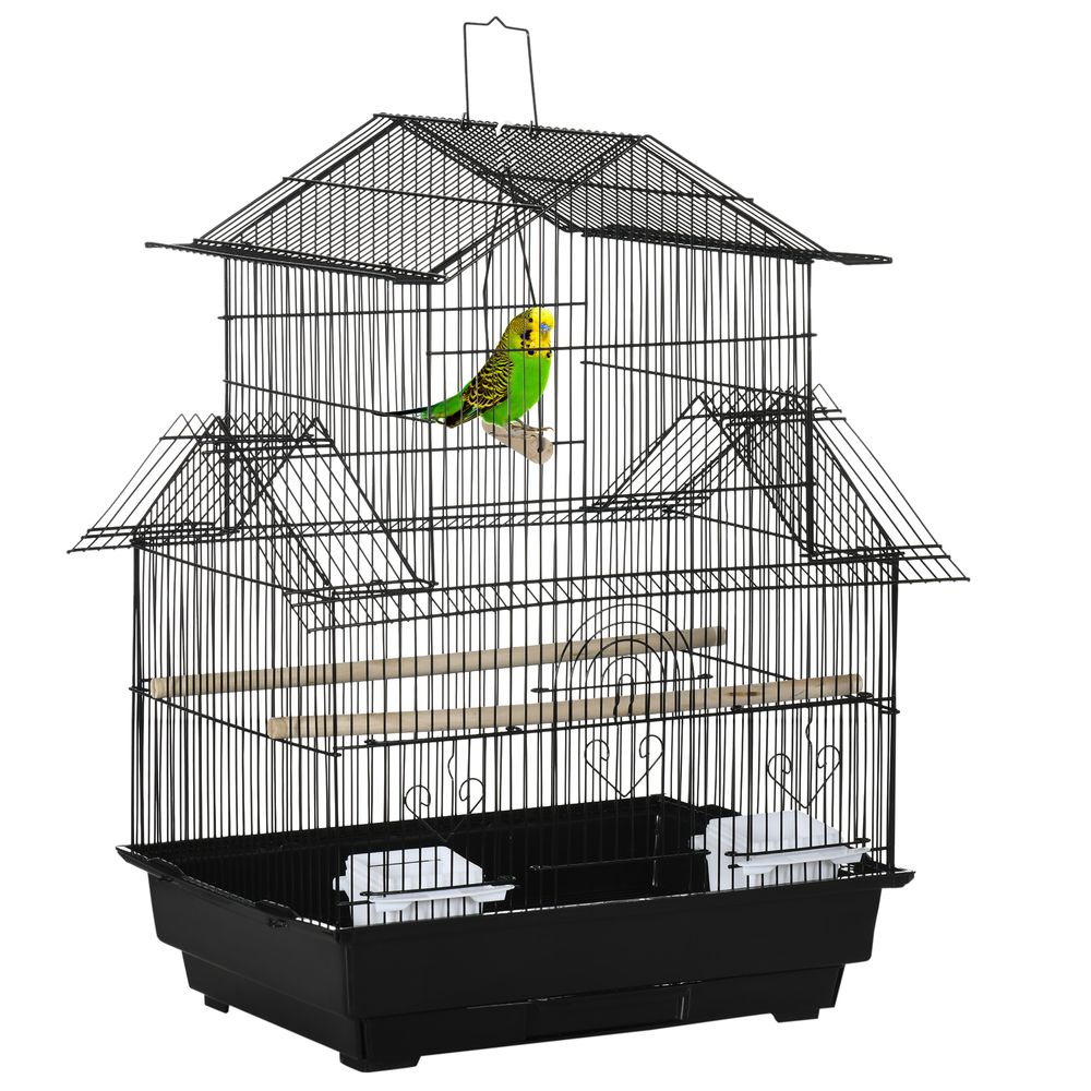 Metal Bird Cage with Plastic Perch, Food Container, Handle 50.5 x 40 x 63cm Black