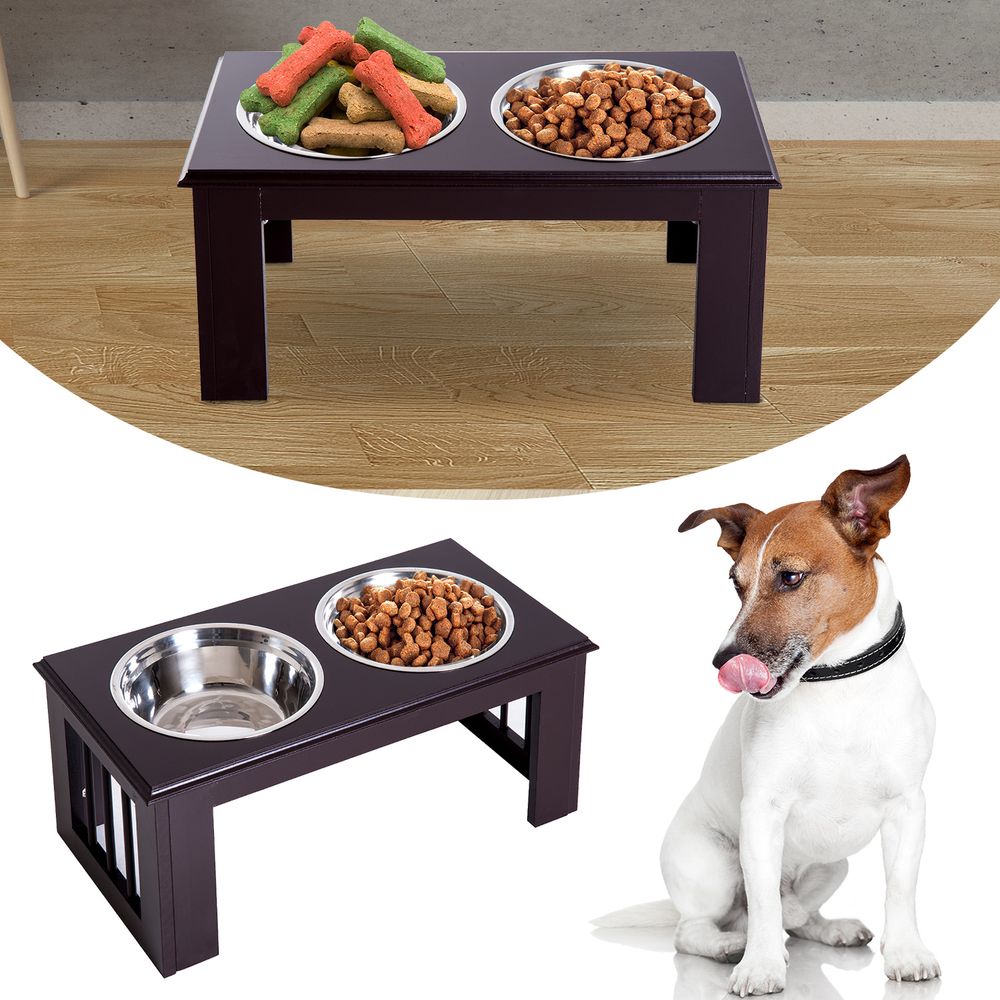 Stainless Steel Raised Dog Feeding Bowls with Stand for Small Medium Dogs Elevated Twin Pet Bowls Water Food Feeder 58.4L x 30.5W x 25.4H cm - Brow