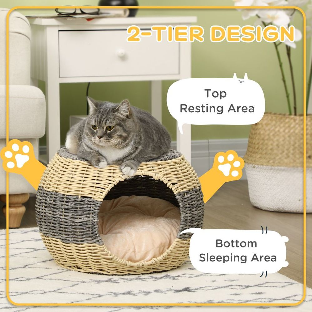 PawHut Wicker Cat House, Rattan Raised Cat Bed with Soft Cushion, 40 x 30cm