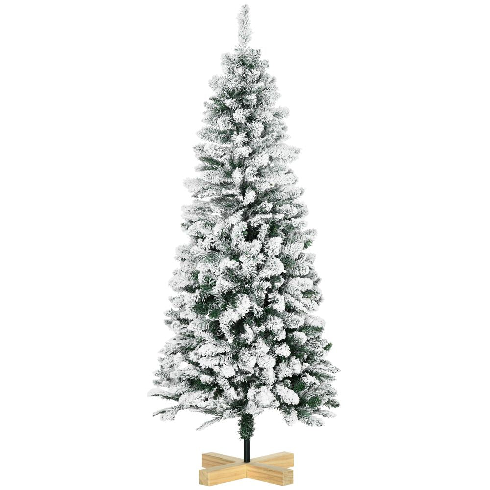 5FT Snow Flocked Artificial Christmas Pencil Tree with Realistic Branches, Auto Open, Pinewood Base - Green