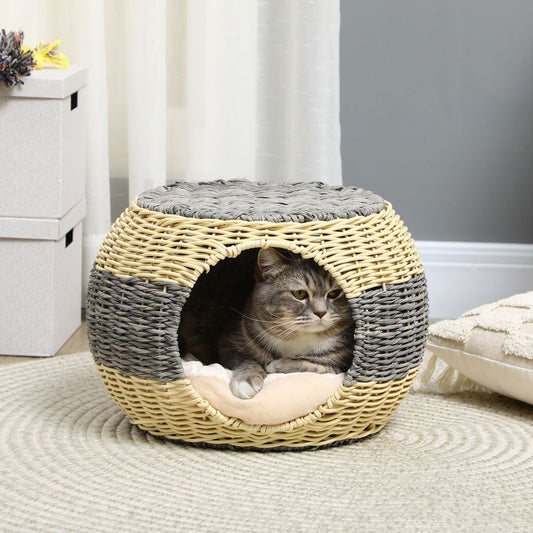 PawHut Wicker Cat House, Rattan Raised Cat Bed with Soft Cushion, 40 x 30cm