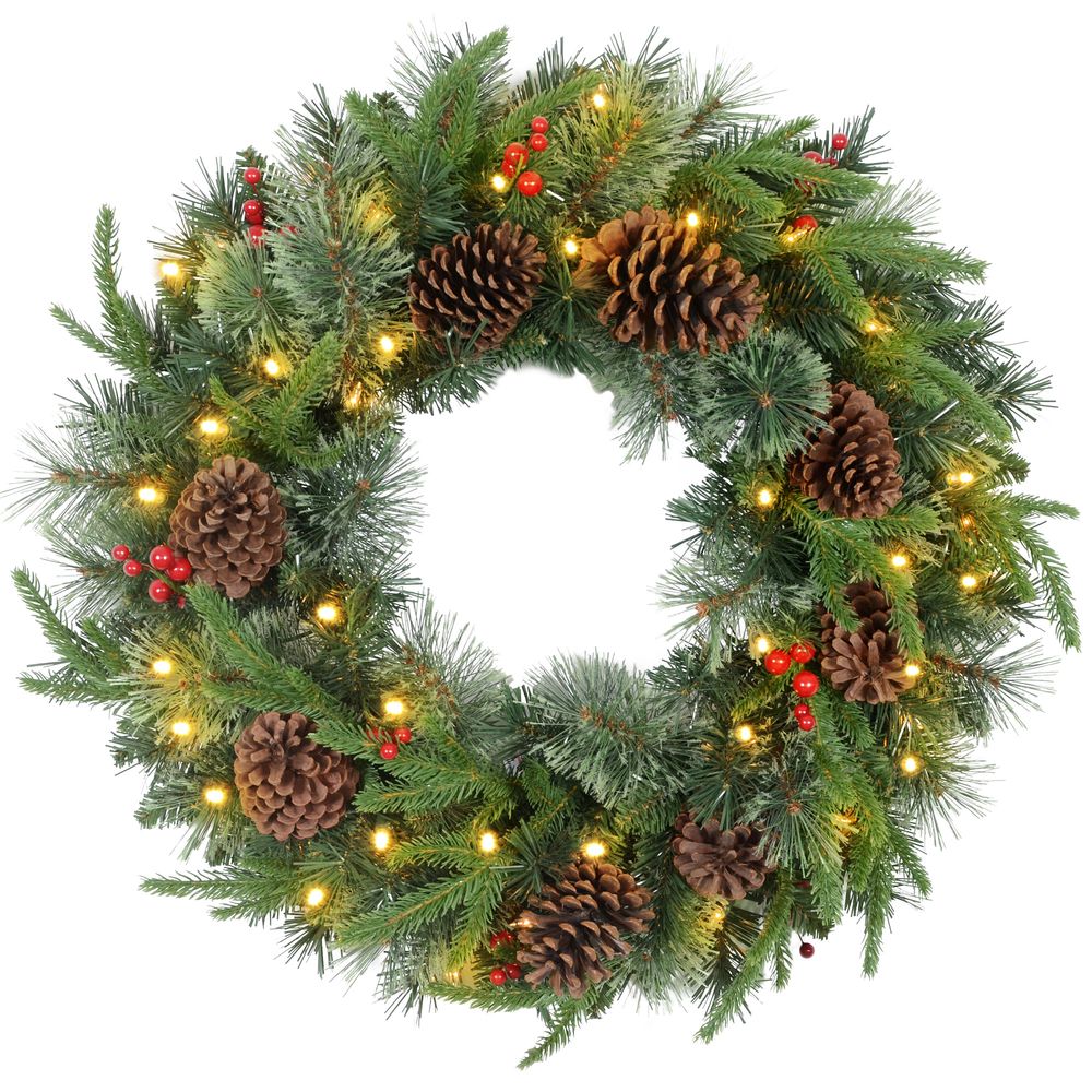 60cm Christmas Wreath with LED Lights Pine Cones Red Berries Green