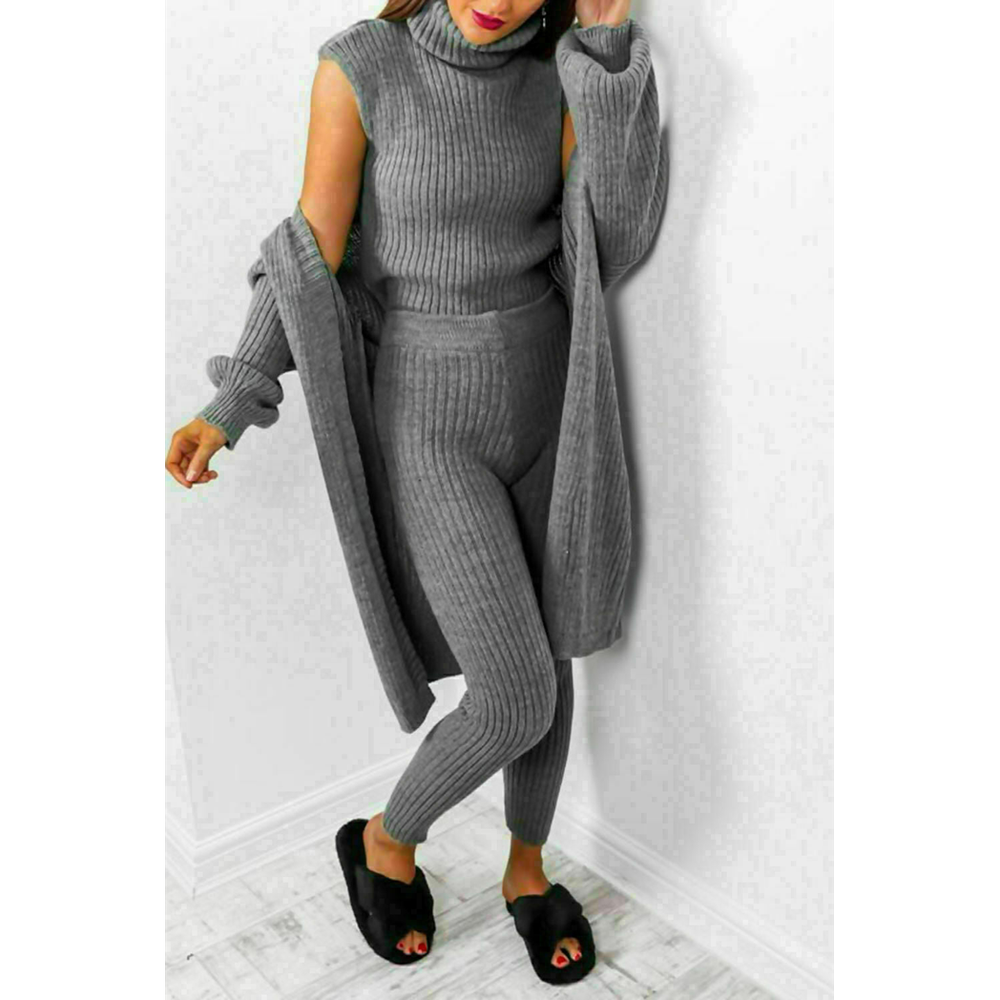 Ladies 3 Piece Suit Roll Neck Chunky Knitted Ribbed Tracksuit Lounge Set (One Size 8-14)