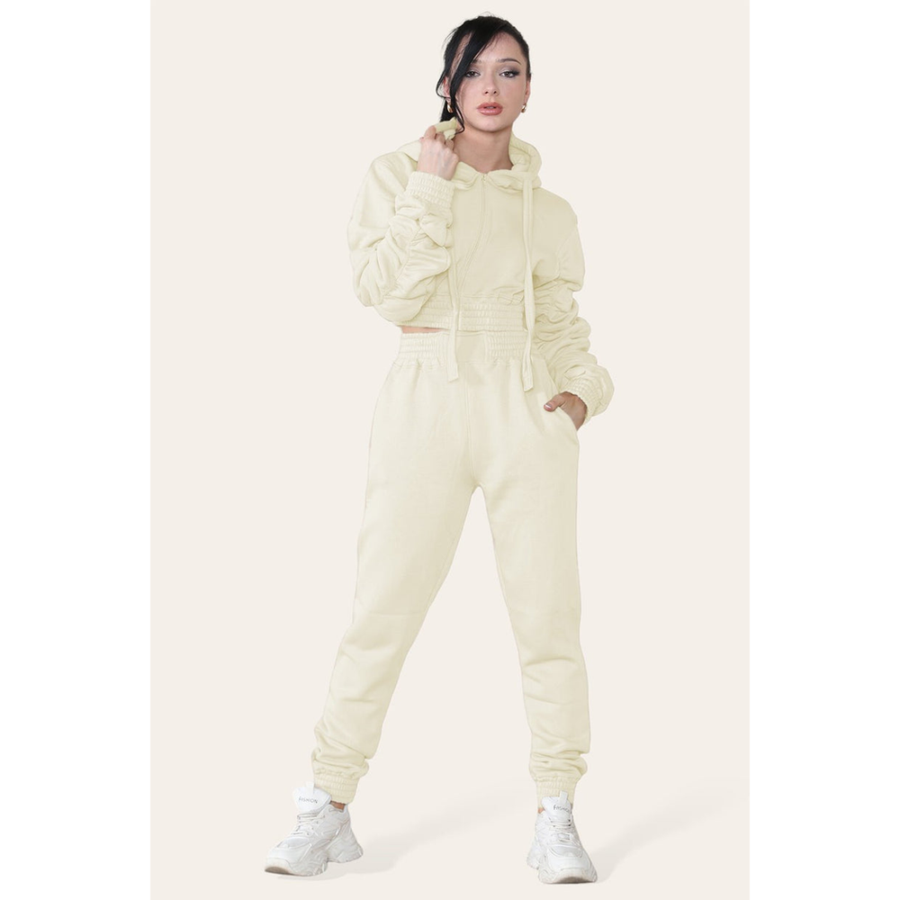 Ruched Sleeves Cropped Hoodie and Cropped Jogger Cuffed Bottom Loungewear Tracksuit Set