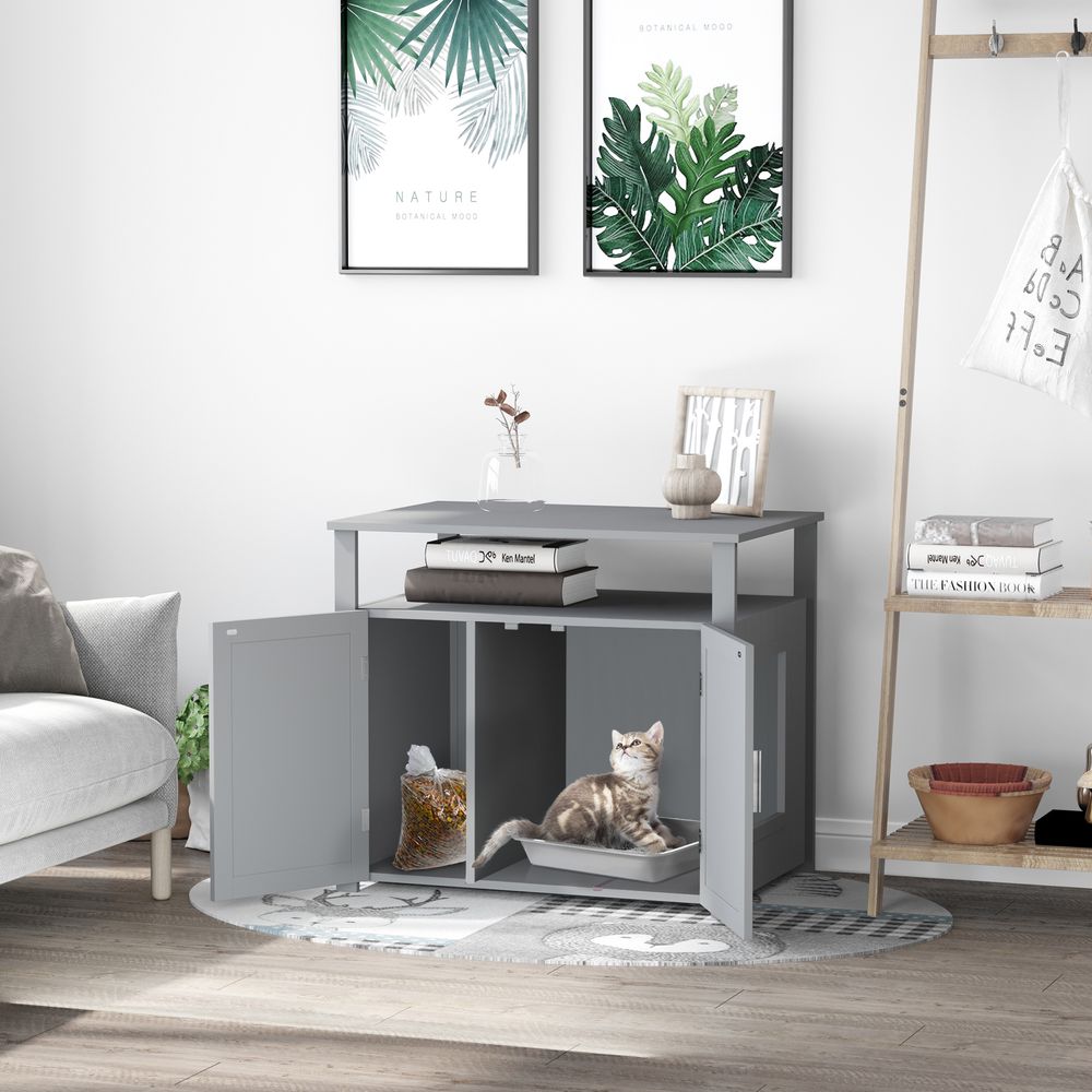 Wooden Cat Litter Box Enclosure Furniture with Adjustable Interior Wall & Large Tabletop for Nightstand, Grey