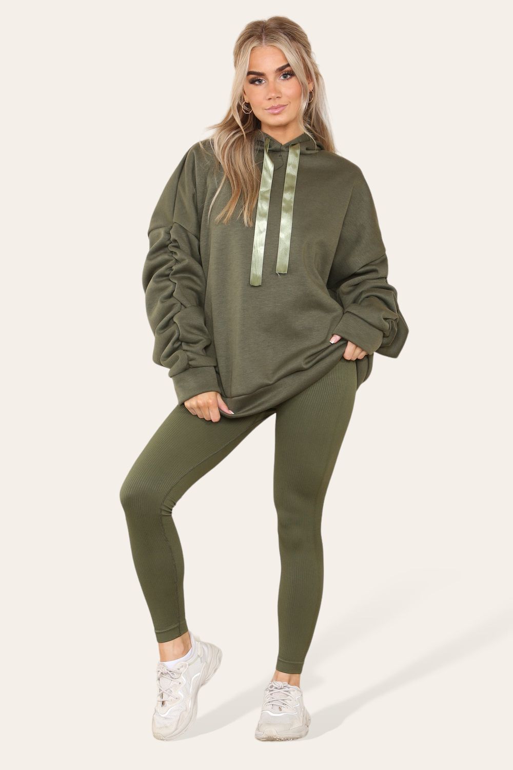 Oversized Ruched Sleeves Hoodie With Satin Ribbon