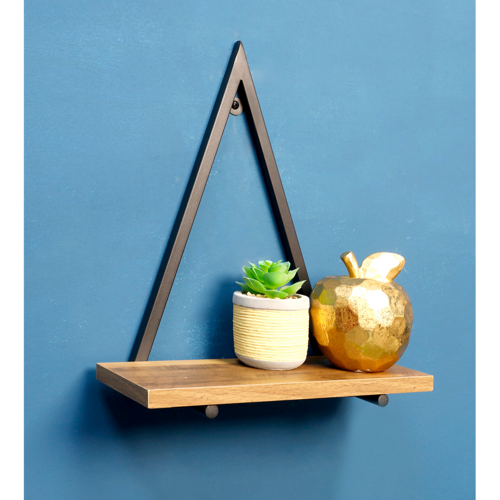 1 Tier Dark OAK Triangle Wall Shelf with Black Metal Frame - PARGI