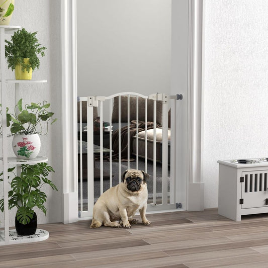 PawHut 74-80cm Adjustable Metal Pet Gate Safety Barrier with Auto-Close White