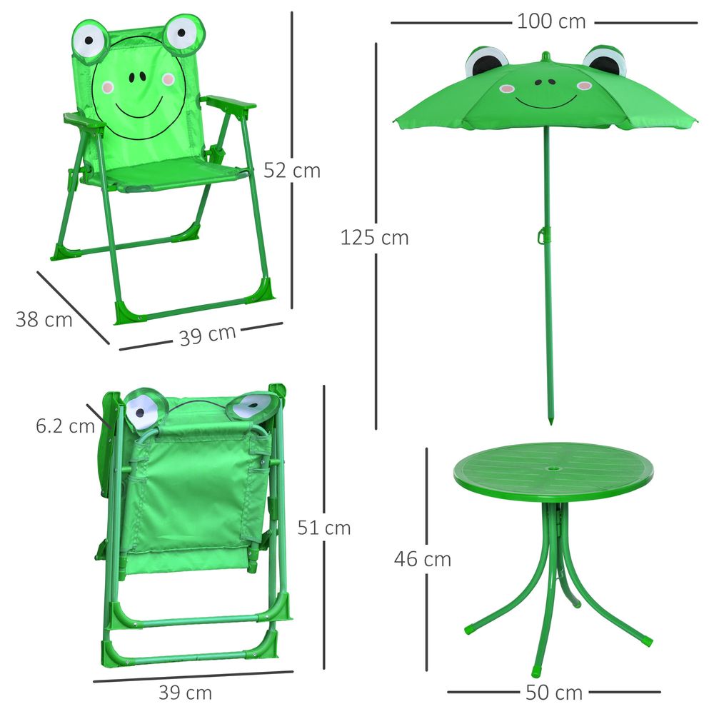 Foldable Patio Kids Metal Picnic Table with Frog Umbrella in Green - 4 Piece Set