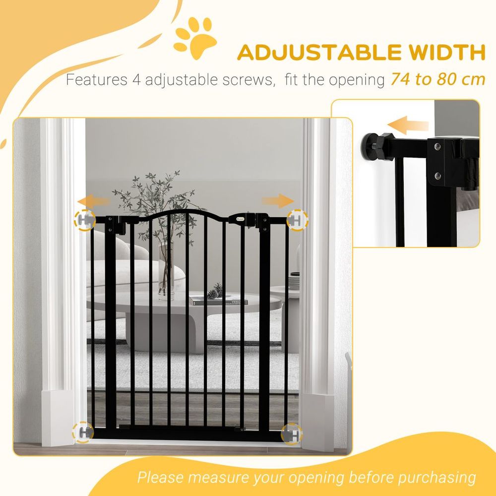 PawHut 74-80cm Adjustable Metal Pet Gate Safety Barrier with Auto-Close Black