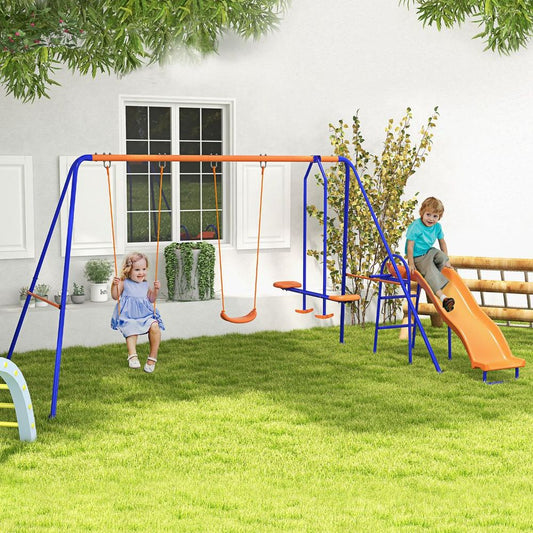 Four-In-One Metal Garden Swing Set, with Double Swings, Glider, Slider, Ladder - Orange and Blue