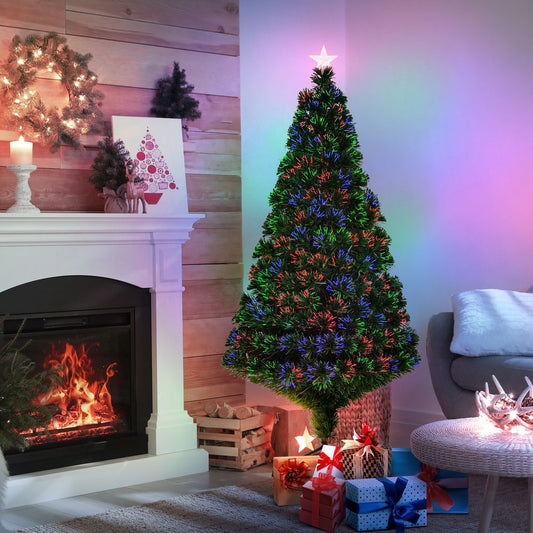 5FT Pre-Lit Fibre Optic Artificial Christmas Tree with Tree Topper - Multi-Colour