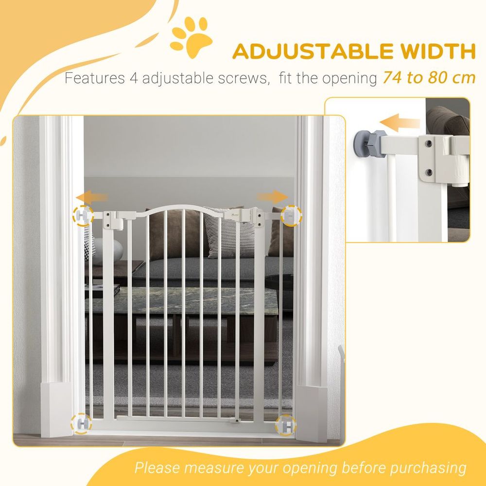 PawHut 74-80cm Adjustable Metal Pet Gate Safety Barrier with Auto-Close White