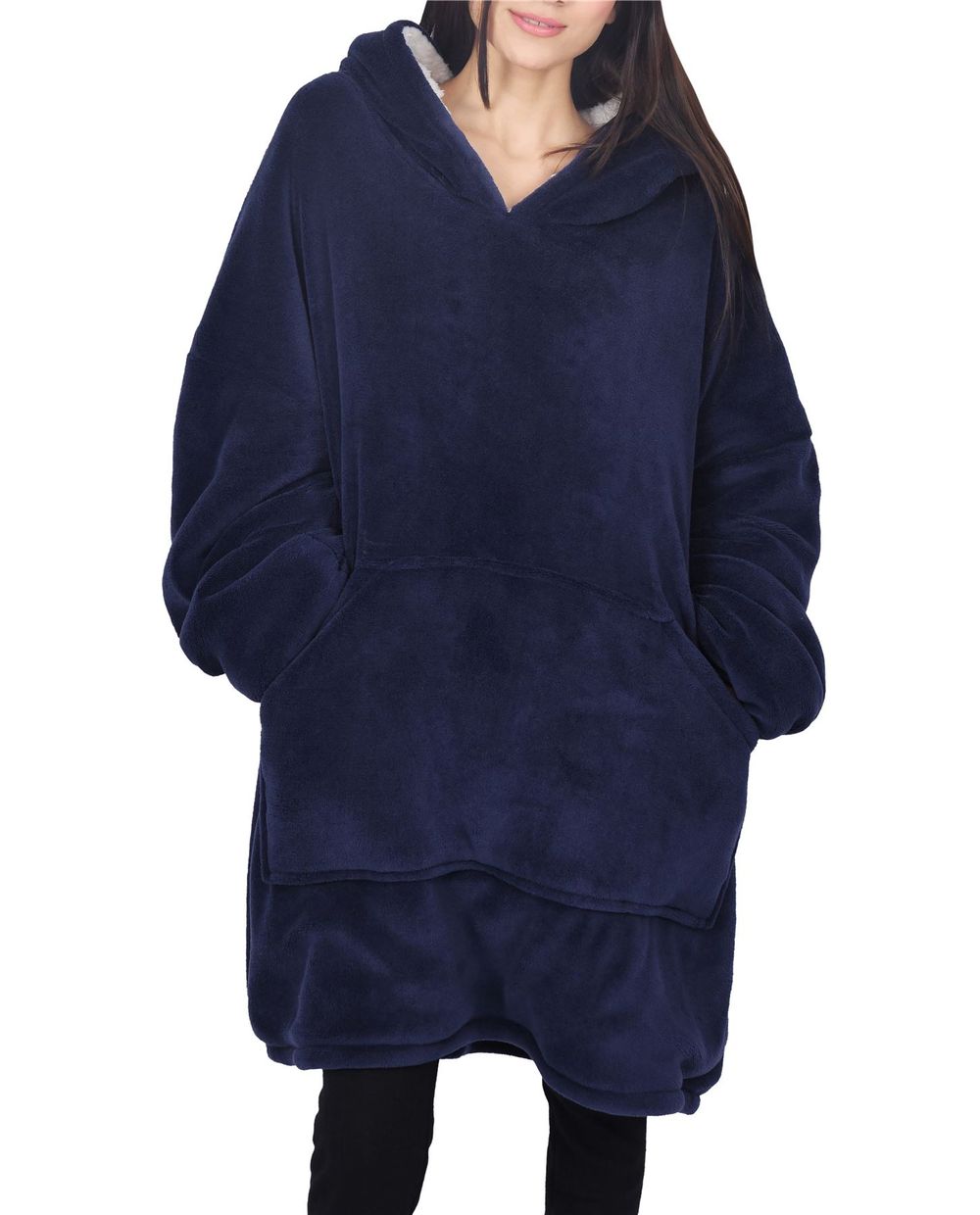 UNISEX CORAL FLEECE DOUBLE LAYER SOLID BLANKET HOODIE NAVY