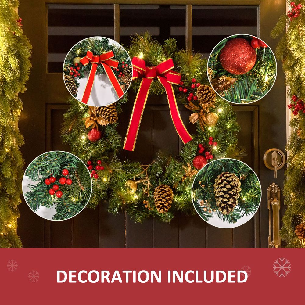 60cm Pre-Lit Artificial Christmas Door Wreath Holly LED Decor with Pine Cones