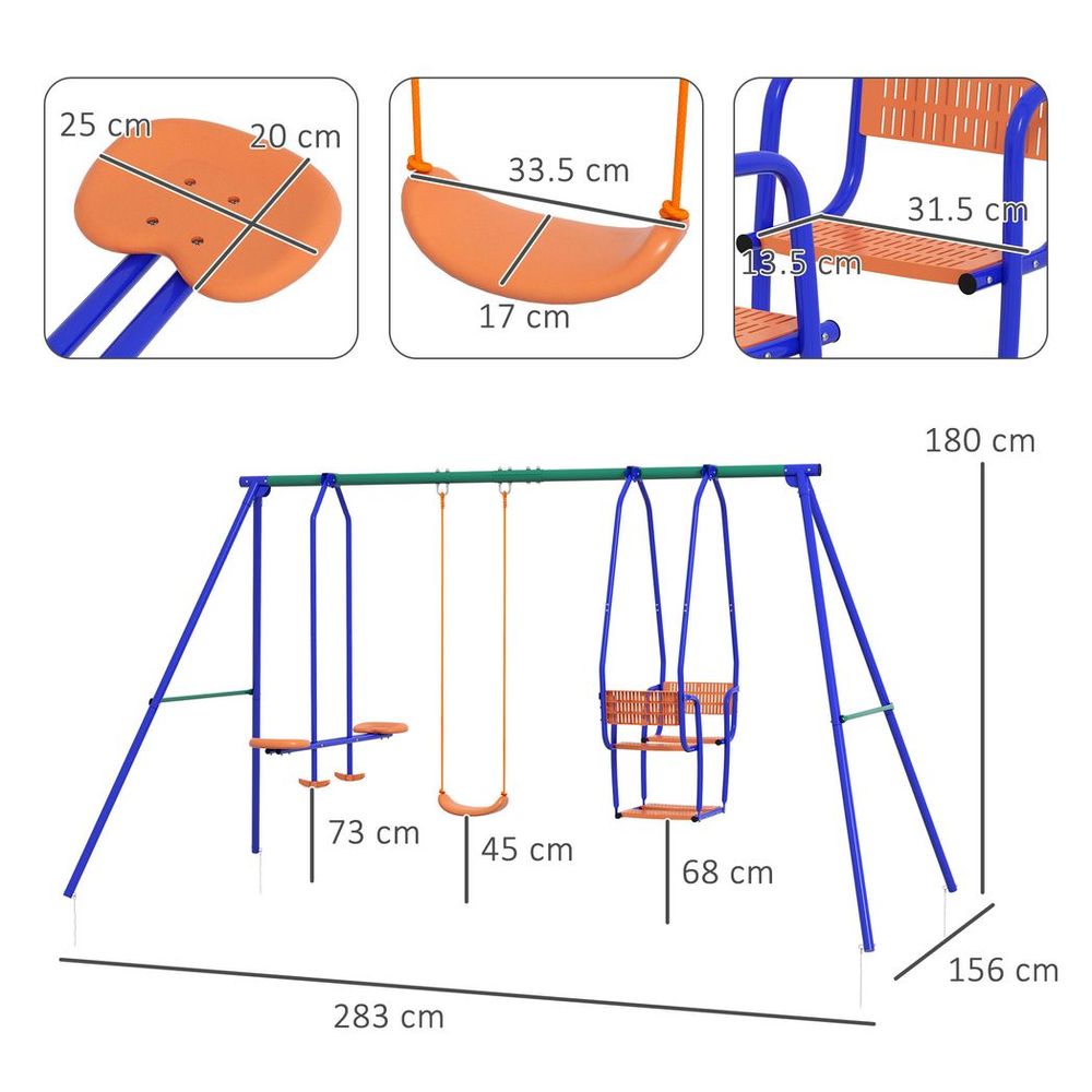 Three-In-One Kids Metal Swing Set with Swing, Glider, Rocking Chair Swing, for Ages 3+ years - Orange and Blue