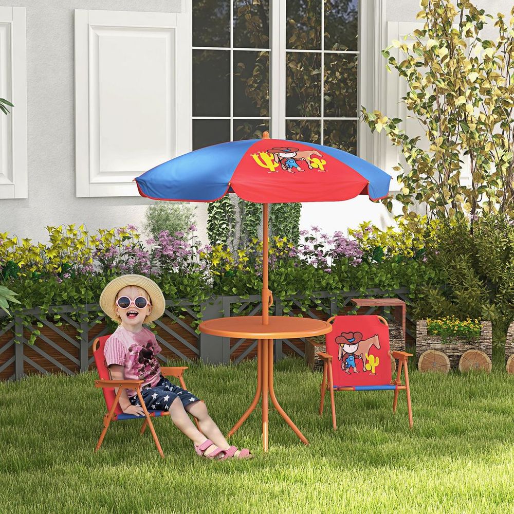 Kids Picnic Table and Chair Set, Cowboy Themed Outdoor Garden Furniture w/ Foldable Chairs, Adjustable Parasol