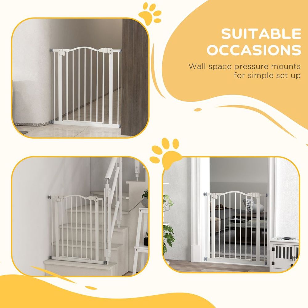 PawHut 74-80cm Adjustable Metal Pet Gate Safety Barrier with Auto-Close White