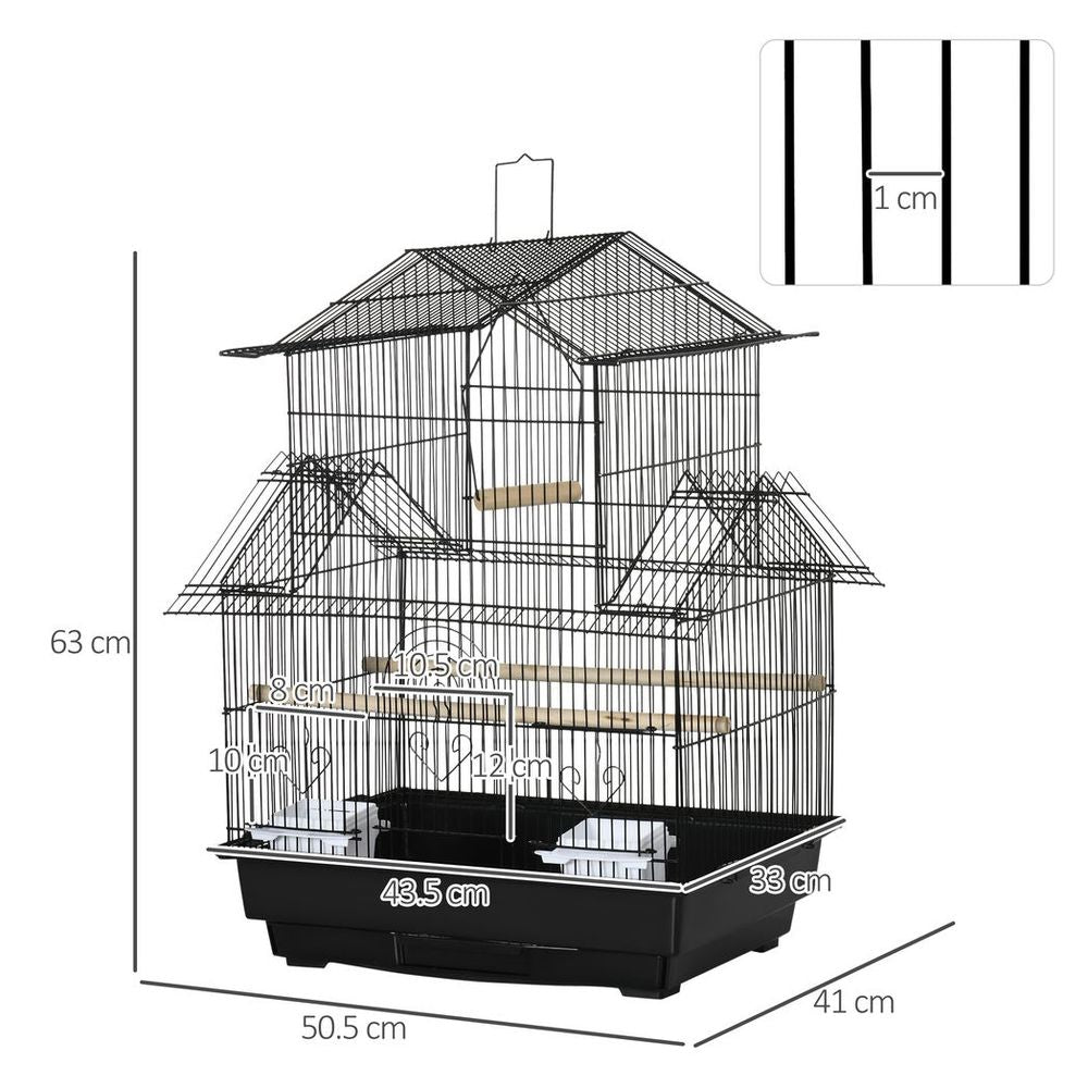 Metal Bird Cage with Plastic Perch, Food Container, Handle 50.5 x 40 x 63cm Black