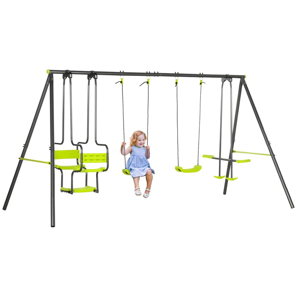 Metal Garden Swing Set with Double Swings, Glider, Swing Seats - Green