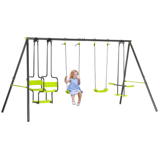 Metal Garden Swing Set with Double Swings, Glider, Swing Seats - Green