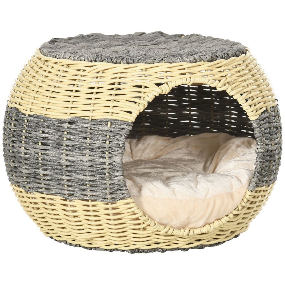 PawHut Wicker Cat House, Rattan Raised Cat Bed with Soft Cushion, 40 x 30cm