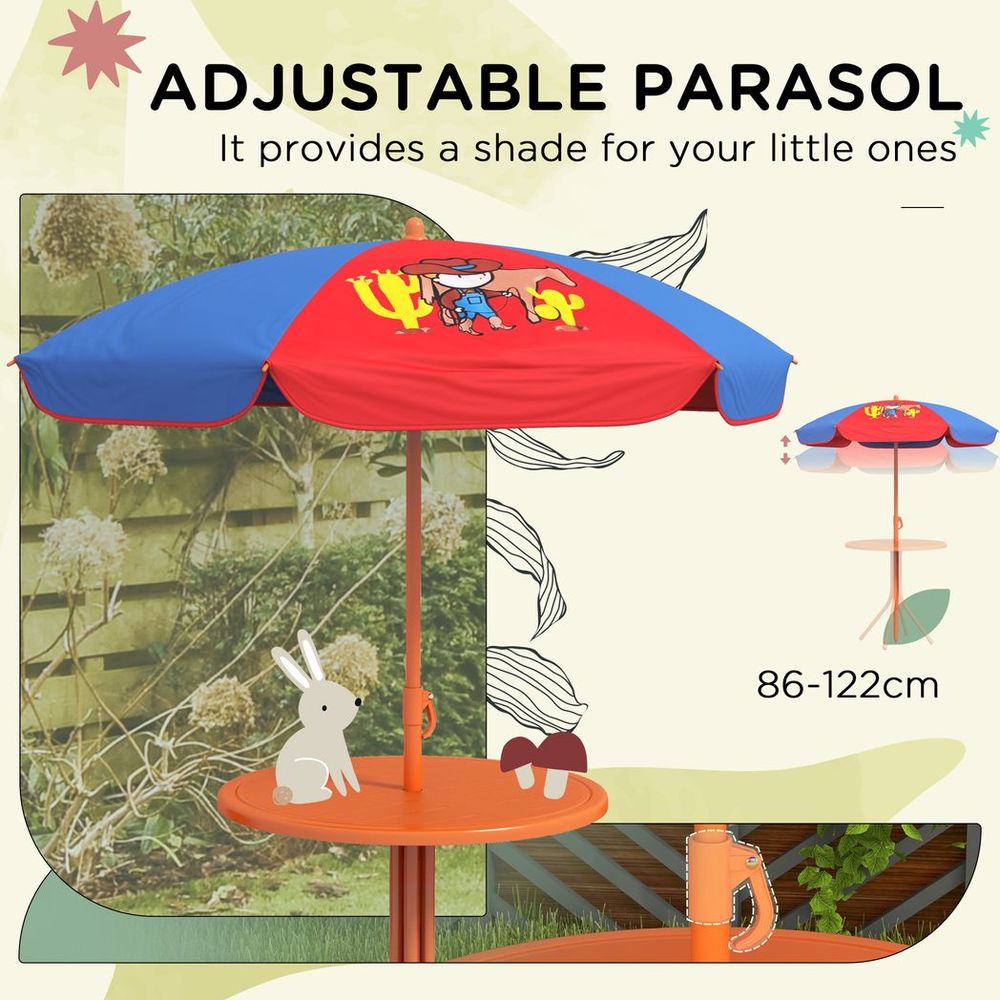 Kids Picnic Table and Chair Set, Cowboy Themed Outdoor Garden Furniture w/ Foldable Chairs, Adjustable Parasol