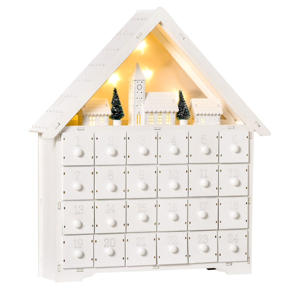 24-Drawer Christmas Advent Calendar Wooden Light-Up Countdown White