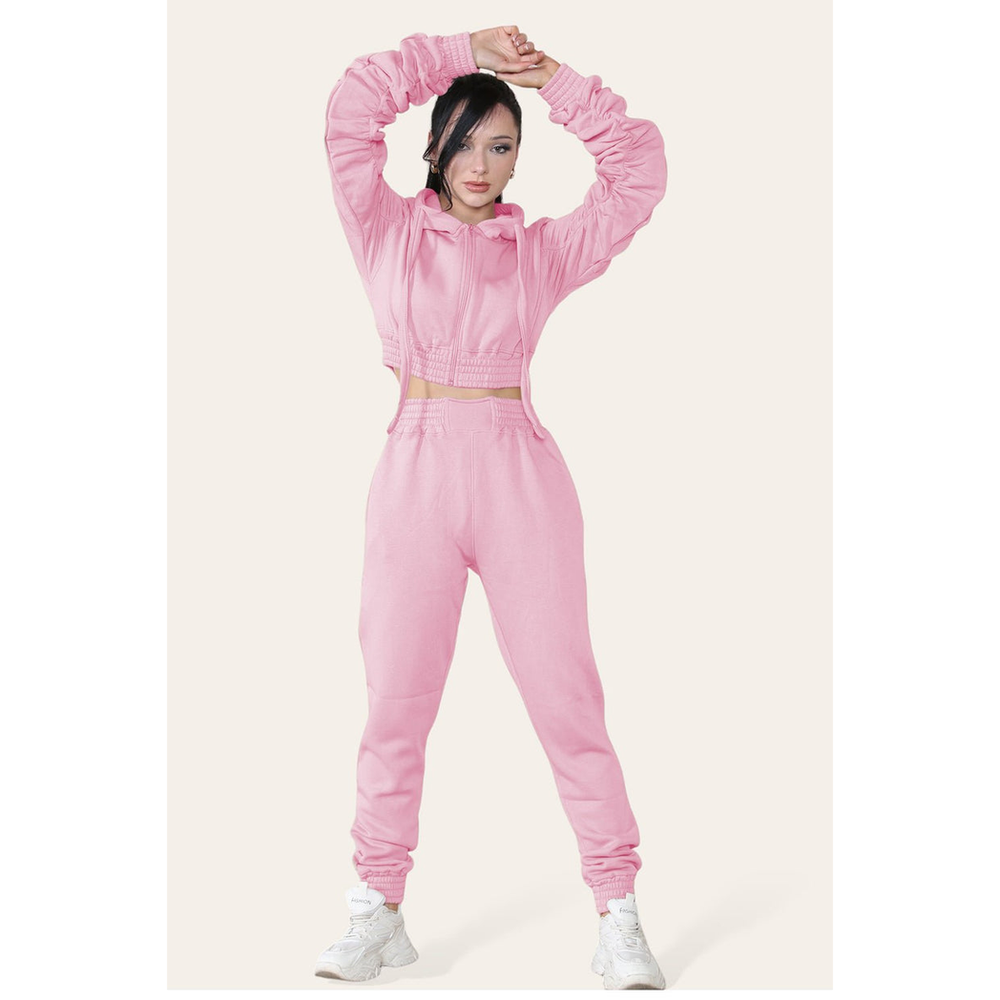 Ruched Sleeves Cropped Hoodie and Cropped Jogger Cuffed Bottom Loungewear Tracksuit Set